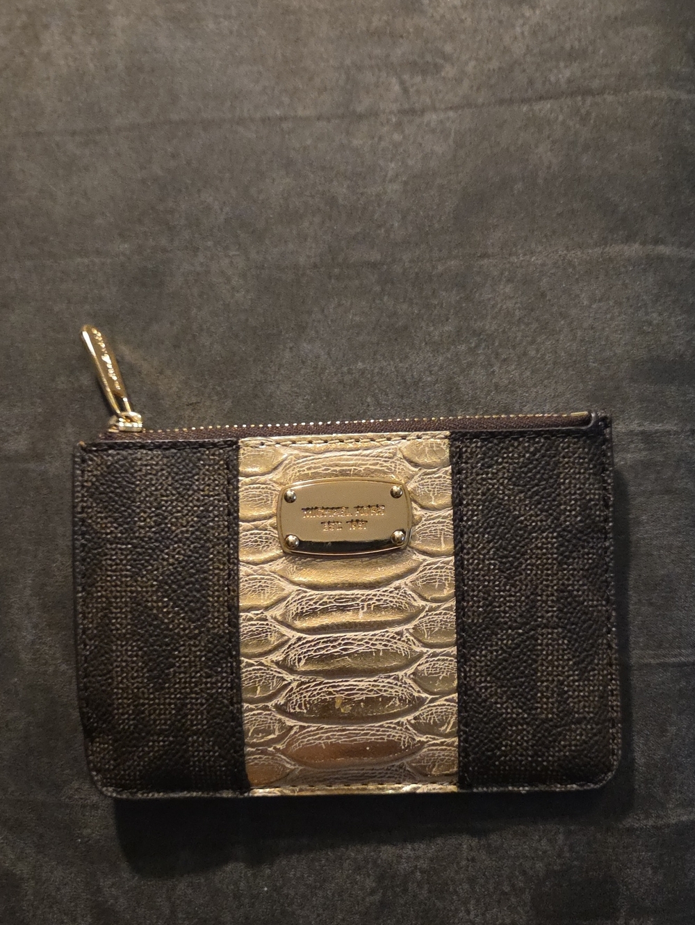 Michael Kors Gold and Brown Leather Zip Card Case